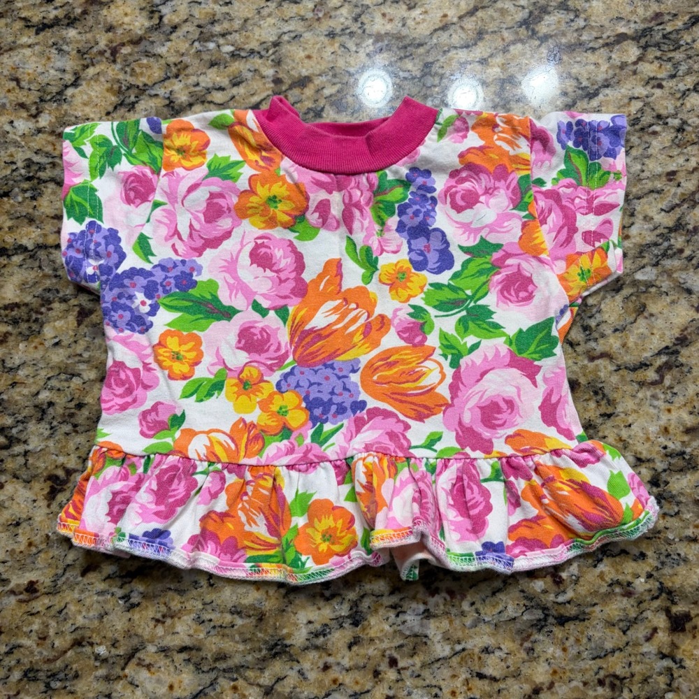 Vintage Baby Basics Floral Peplum Top 12M Pink Orange Cotton Ruffle Shirt‎